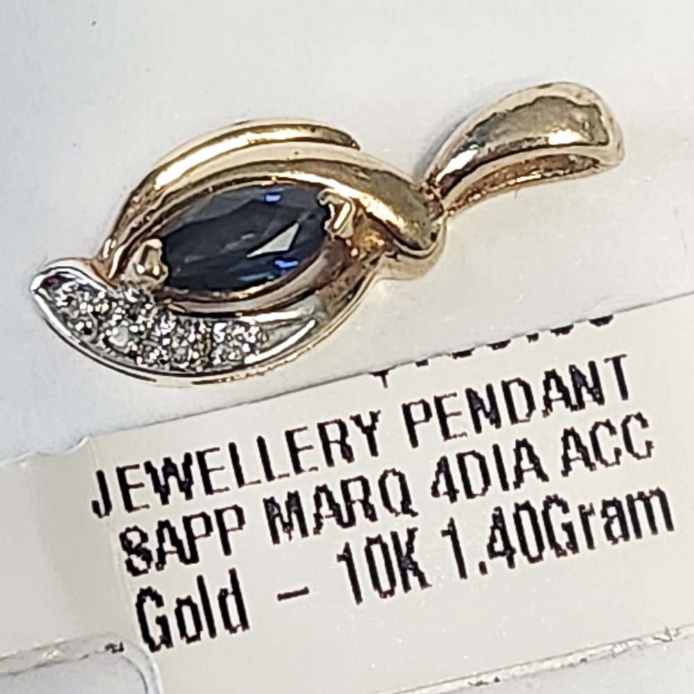 10K Sapphire Marquise & Diamond Yellow Gold Pendant - Picture 4 of 7